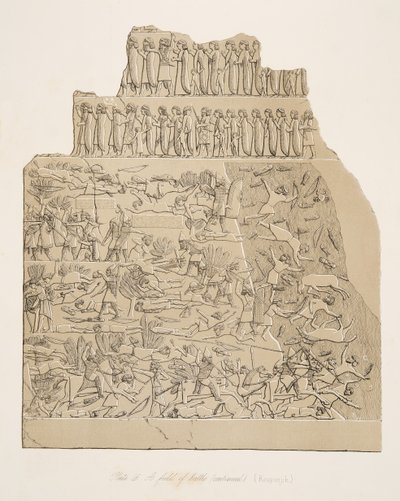 Et slagfelt (Kouyunjik), fra Monuments of Nineveh, pub. 1849 av Austen Henry Layard