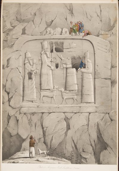Assyrian Rock Sculpture (bayersk), fra Monuments of Nineveh, pub. 1849 (gravering) av Austen Henry Layard