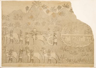 Vogn og ledsagere av Sanherib og et slott på et fjell (Kouyunjik), fra Monuments of Nineveh, pub. 1849 av Austen Henry Layard