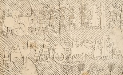 Detalj fra Captives and Spoil fra byen Lachich, illustrasjon fra Monuments of Nineveh, 1858 av Austen Henry Layard