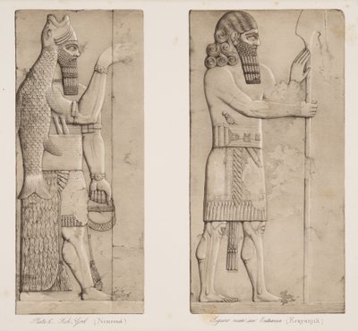 Fish God (Nimroud) og figur nær en inngang (Kouyunjik), fra Monuments of Nineveh, pub. 1849 av Austen Henry Layard