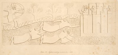 Rømlinger som krysser en elv til et slott, fra Monuments of Nineveh, pub. 1849 av Austen Henry Layard