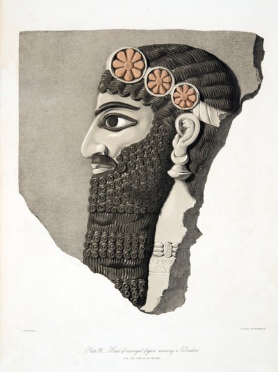Leder av en bevinget figur iført et diadem, fra Monuments of Nineveh, pub. 1849 av Austen Henry Layard