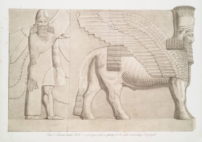 Okse med menneskehode og bevinget figur fra en port i veggen rundt Kouyunjik [Quyunjik], 1853 av Austen Henry Layard