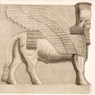 Mennesket ledet okse og bevinget figur fra en port i veggen rundt Kouyunjik, fra Monuments of Nineveh, pub. 1849 av Austen Henry Layard