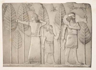 Jegere med gaselle, hare og fugler (Khorsabad), fra Monuments of Nineveh, pub. 1849 av Austen Henry Layard