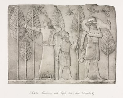 Monumenter av Nineveh: Plate 32, Huntsman with Gazelle, Hare and Birds Khorsabad, 1853. av Austen Henry Layard