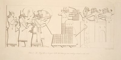 Kongen foran et beleiret slott, slagramen gjør et brudd i veggene, fra Monuments of Nineveh, pub. 1849 av Austen Henry Layard