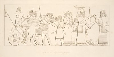 Kongen mottar fanger, fra Monuments of Nineveh, pub. 1849 av Austen Henry Layard