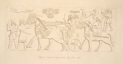 Triumferende tilbakekomst av kongen fra kamp, fra Monuments of Nineveh, pub. 1849 av Austen Henry Layard