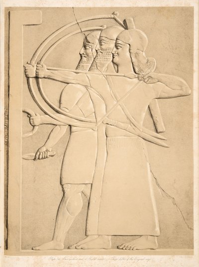 To bueskyttere og en skjoldbærer, fra Monuments of Nineveh, pub. 1849 av Austen Henry Layard