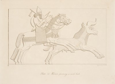 Kriger som forfølger en vill okse, fra Monuments of Nineveh, pub. 1849 av Austen Henry Layard