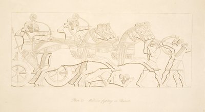 Krigere som kjemper i Chariots, fra Monuments of Nineveh, pub. 1849 av Austen Henry Layard