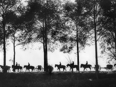 En visning, i silhuett, av australske artilleriplater lastet med ammunisjon som fortsetter langs Ypres Road, 25. september 1917 av Australian Photographer