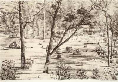 Free Selectors Hut, fra The History of Australasia av David Blair, McGrady, Thomson og Niven, 1879 av Australian School