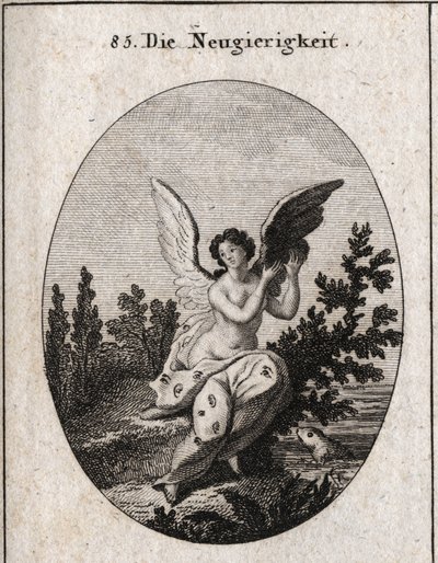 Allegorie de curiosite represented with a drapery dotted with ears and eyes The wings elevated Engraving in “” Iconologie oder Ideen aus dem Gebiete der Leidenschaften und Allegorien bildich dargestellt fur Zeichner, Mahler, Dichter, Gelehrte, Erzieher und av Austrian School