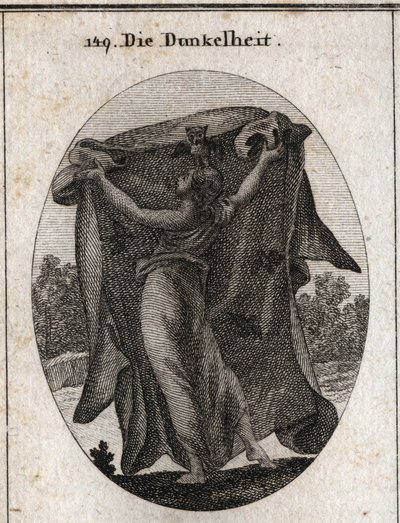 Allegory of Darkness. It extends a dark veil with which it prevents the penetration of light. Its attributes are the owl and other night birds. Engraving in “” Iconologie oder Ideen aus dem Gebiete der Leidenschaften und Allegorien bildich dargestellt fur  av Austrian School