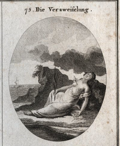 Allegory of Desperation depicts a dagger in the breast and a branch of cypers in the hand (tree that once adorned the tombs). The breeze compas is the emblem of the disorder of thought. Engraving in “” Iconologie oder Ideen aus dem Gebiete der Leidenschaft av Austrian School