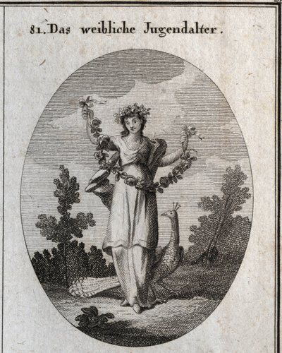 Allegory of adolescence (teenage girl) represented by a young woman with a crown and a garland of flowers to denote happy fellicite. The peacock understands the love of adornment. His foot is placed on a sand clock (hourglass). Engraving in “” Iconologie o av Austrian School