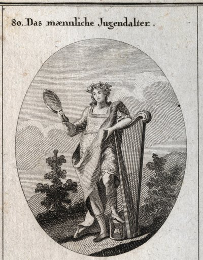 Allegori om ungdomsårene (tenåring) representert av en ung mann som lener seg på en harpe og holder et speil. Foten hans er plassert på en sandklokke (timeglass). Inngravert i "" ikonologi eller ideer fra feltet lidenskaper og allegorier billedli av Austrian School