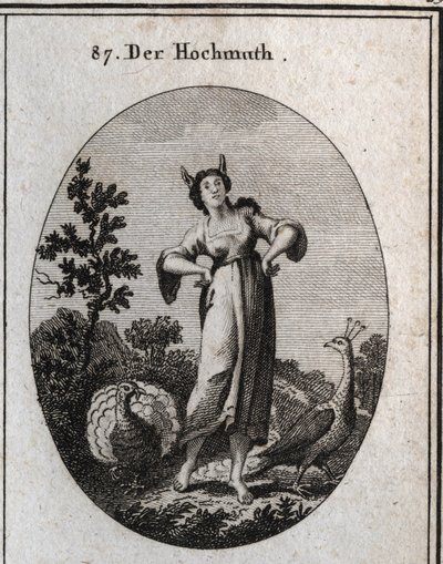 Allegory of arrogance. His donkey ears mark ignorance and his posture denotes his pride. The peacock is a symbol of pride and the turkey making the wheel is that of stupidity. Engraving in “” Iconologie oder Ideen aus dem Gebiete der Leidenschaften und All av Austrian School