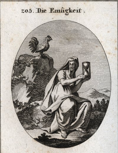 Allegori om oppmøte. Hun holder en sandklokke (timeglass) og sitter ved foten av en stein omgitt av en eføyplante. Hanen er dens egenskap fordi oppmøte ikke eksisterer uten årvåkenhet. Gravering i "" Iconologie oder Ideen aus dem Gebiete de av Austrian School
