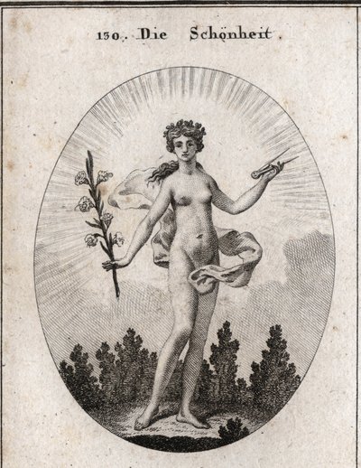 Allegory of beauty. The compas is the emblem of the accuracy of proportions. The lily is the symbol of beauty. Engraving in “” Iconologie oder Ideen aus dem Gebiete der Leidenschaften und Allegorien bildich dargestellt fur Zeichner, Mahler, Dichter, Gelehr av Austrian School
