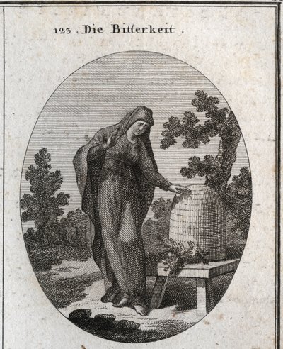 Allegory of bitterness. She looks sadly at an absynth plant that germinated in a honey hive. Engraving in “” Iconologie oder Ideen aus dem Gebiete der Leidenschaften und Allegorien bildich dargestellt fur Zeichner, Mahler, Dichter, Gelehrte, Erzieher und f av Austrian School
