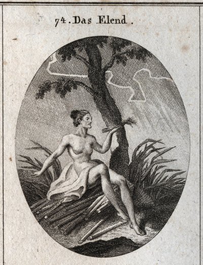 Allegory of calamite. She sits on breezes whose fragility is the image of the instability of fortune and the miseries of life. Engraving in “” Iconologie oder Ideen aus dem Gebiete der Leidenschaften und Allegorien bildich dargestellt fur Zeichner, Mahler, av Austrian School