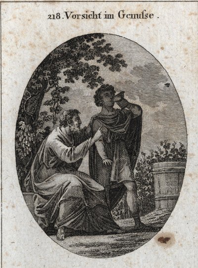 Allegori om forsiktighet mens du nyter. En filosof advarer oss om at vintreet produserer tre slags druer: nytelsens, beruselsens og doulers og galskapen. Gravering i "" Iconologie oder Ideen aus dem Gebiete der Leidenschaften und All av Austrian School