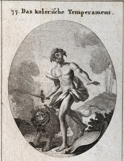 Allegory of coleric complexion. He holds a sword to attack and just threw his shield forgetting to defend himself. His attribute and a threatening lion. Engraving in “” Iconologie oder Ideen aus dem Gebiete der Leidenschaften und Allegorien bildich dargest av Austrian School