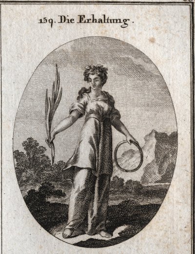 Allegori om bevaring. Sedergrenen er uforgjengelig, men er også emblemet for bevaring og sirkelen for arvefølgen. Hun bærer en krone av aromatiske planter som ble brukt av egypterne for å bevare de døde. Gravering i "" Icono av Austrian School