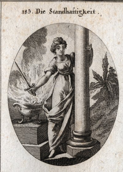 Allegory of constancy. She holds a sword over a burning fire. The column it embraces is the attribute of the farm. Engraving in “” Iconologie oder Ideen aus dem Gebiete der Leidenschaften und Allegorien bildich dargestellt fur Zeichner, Mahler, Dichter, Ge av Austrian School