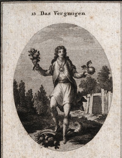 Allegori om tilfredshet representert av en ung mann som holder et gyllent eple med den ene hånden og en blomsterbukett på den andre. De viser at alt som omgir ham deltar i gleden hans, som symboliseres av rubinen som stråler på brystet hans. Det er av Austrian School