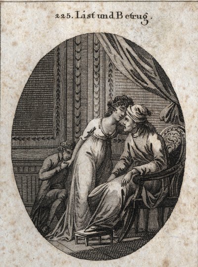 Allegori om list og bedrag. Uttrykk: Hvem gir deg flere kjærtegn enn vanlig, det er et tegn på at han har lurt deg eller at han vil lure deg. Gravering i "" Iconologie oder Ideen aus dem Gebiete der Leidenschaften und Allegorien bildich av Austrian School