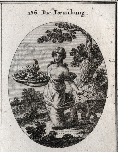 Allegori om bedrag. Blant blomstene i kurven er en slange. Hun holder cacher bak seg flere hamecons. Bena hennes ender i en slangehale for å vise at hun kryper for å nå målene. Gravering i "" Iconologie oder Ideen aus dem Gebiete der Leidenschaf av Austrian School