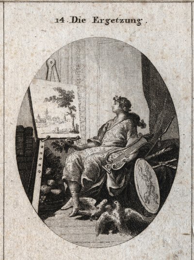 Allegori om behag representert av en ung mann som holder en lyre nær et maleri med frukt, bøker, våpen og to kolombenter som kjærtegner hverandre, alt symboliserer sansenes sjarm. Gravering i "" Iconologie oder Ideen aus dem Gebiete der Leid av Austrian School