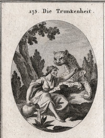 Allegory of drunkenness. She holds a jug and a cup full of wine that she leaves. Its symbol is a panthere symbol of the fury of drunkenness. Engraving in “” Iconologie oder Ideen aus dem Gebiete der Leidenschaften und Allegorien bildich dargestellt fur Zei av Austrian School