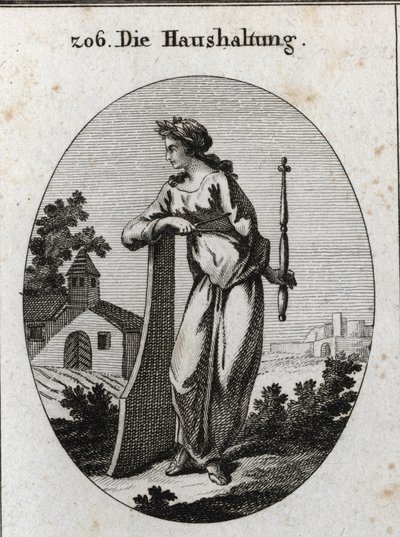 Allegori om økonomi. Den er kronet med en olivengren som symboliserer fred. Den lener seg på et ror og holder et septer og kompas, maktemblemer og den eksakte regjeringen. Gravering i "" Iconologie oder Ideen aus dem Gebiete der Leidenschaften und Allego av Austrian School