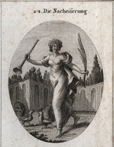Allegory of emulation. The trumpet and palm symbolize the reward attributed to the merite. The attributes are two cockers ready to fight. Engraving in “” Iconologie oder Ideen aus dem Gebiete der Leidenschaften und Allegorien bildich dargestellt fur Zeichn av Austrian School