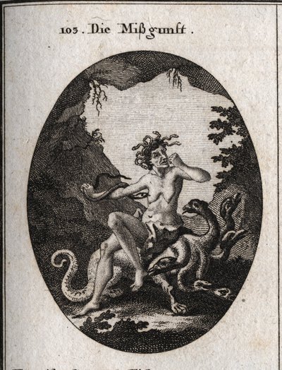 Allegori om misunnelse i form av en veldig stygg gammel kvinne. I raseri biter hun knyttneven og en slange prøver å bite hjertet hennes. Hun sitter på en hydra, et monster som ligner henne. Gravering i "" Iconologie oder Ideen aus dem Gebiete der av Austrian School