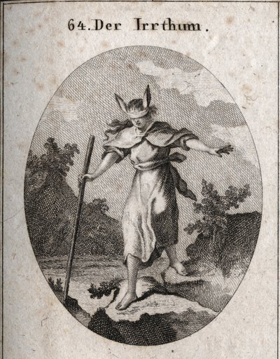 Allegori om feil i en svimlende holdning med bind for øynene og eselører for å markere at blindhet og uvitenhet er kildene til feil. Hun er på vei mot et stup og tarver med pinnen. Gravering i "" Iconologie oder Ideen aus dem Gebiete der av Austrian School
