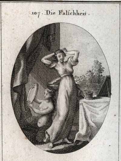 Allegory of falsehood. Her emblem is a siren looking at herself in a mirror. Engraving in “” Iconologie oder Ideen aus dem Gebiete der Leidenschaften und Allegorien bildich dargestellt fur Zeichner, Mahler, Dichter, Gelehrte, Erzieher und freunde Hoherer G av Austrian School