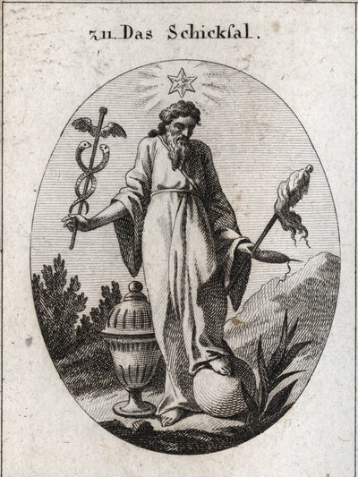 Allegory of fate. A star above it eoects reports of astrology on incidents of human life. He holds with one hand a deciduous symbol of his power and on the other a cattail symbol and a fiuseau whose broken thread indicates the fragility of life. The land h av Austrian School
