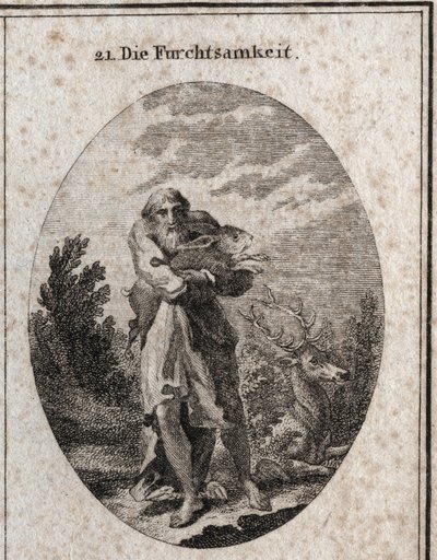 Allegori om frykt i skikkelse av en gammel mann med føtter vinger som bidrar til å rømme. Dens attributter er hare og hjort. Gravering i "" ikonologi eller ideer fra feltet lidenskaper og allegorier avbildet for tegnere, malere, poeter, ge av Austrian School