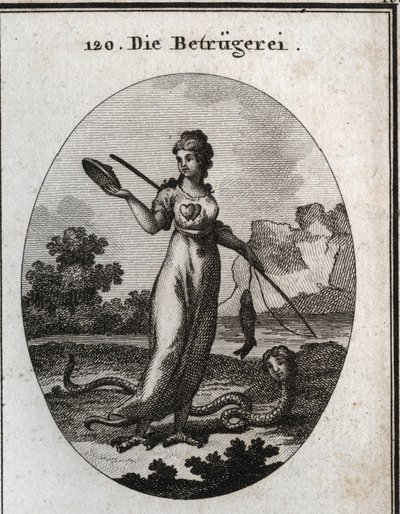 Allegori om svindel representert med et dobbelt hjerte og holder en maske. Hun holder en fiskestang som bet en fisk. Bena hennes ender i gribbeklør og hun har en skorpionhale. Hans attributt er en slange med et menneskelig ansikt. Gravering i "" Iconologie av Austrian School