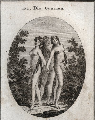 Allegory of Graces. De tre nådegavene: Euphrosine som betyr allegress og tilfredshet, Aglaya som symboliserer imponerende skjønnhet og Thalia-glede. Gravering i "" ikonologi eller ideer fra feltet lidenskaper og allegorier avbildet for Ze av Austrian School