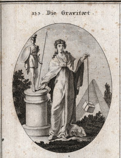 Allegori om tyngdekraften. Gullkjeden som et papir er festet til symboliserer tillit. Søylen og statuen betyr bevaring av strålende handlinger og steinen angir vektingen. Gravering i "" Iconologie oder Ideen aus dem Gebiete der Leidenschaften av Austrian School