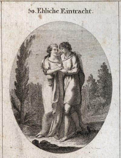 Allegori om harmoni i ekteskapet. Et par kysser, en gullkjede henger rundt halsen og et hjerte som de støtter hver med én hånd. Gravering i "" ikonologi eller ideer fra feltet lidenskaper og allegorier avbildet for tegning av Austrian School