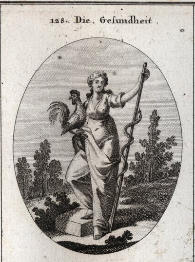 Allegori om helse representert av en sterk kvinne som holder en hane, dyr innviet til Aesculapus, medisinens gud. Den holder en pinne rundt som er et slangedyr (løvfellende) som er minst utsatt for sykdom. Gravering i "" Iconologie oder Ideen aus dem Gebie av Austrian School
